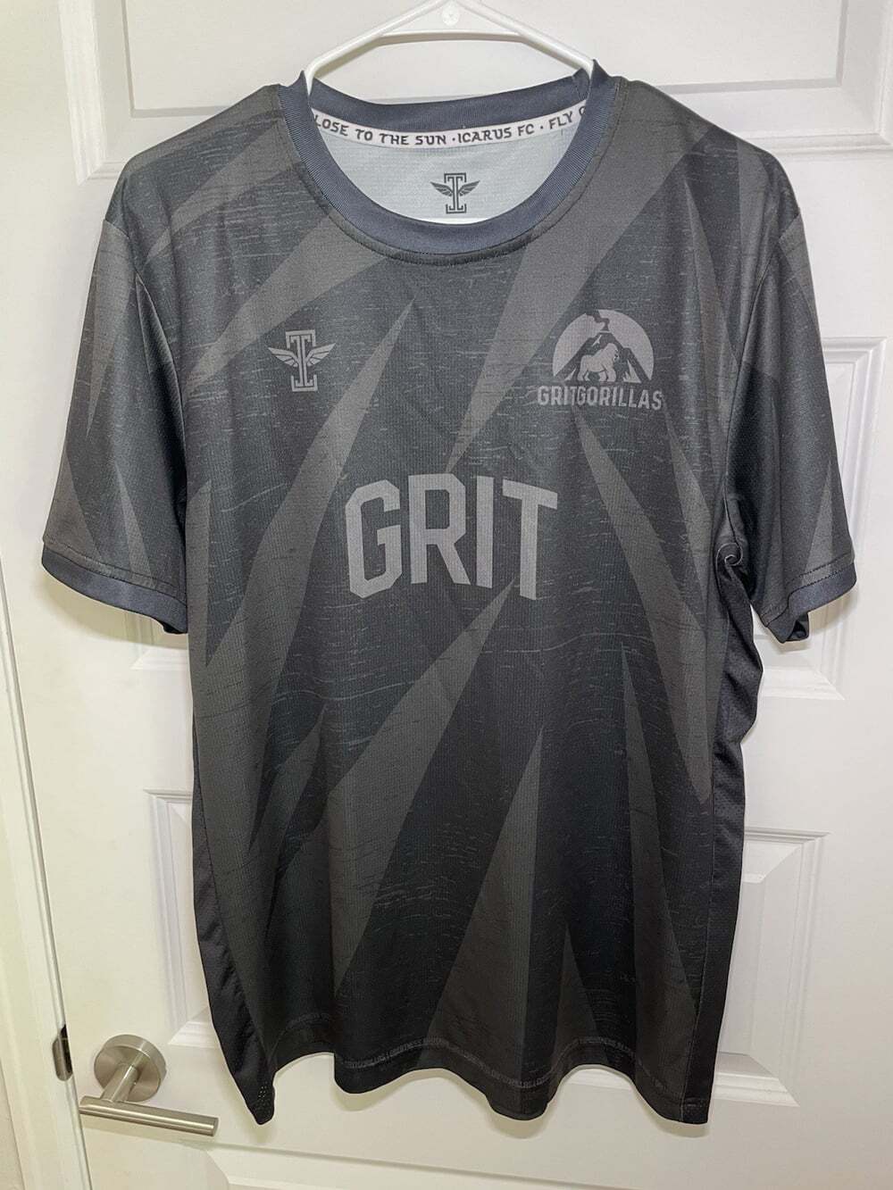 GRIT Gorillas Soccer/Football Jersey Mens L Black Gray Camo Blue Trim Icarus FC